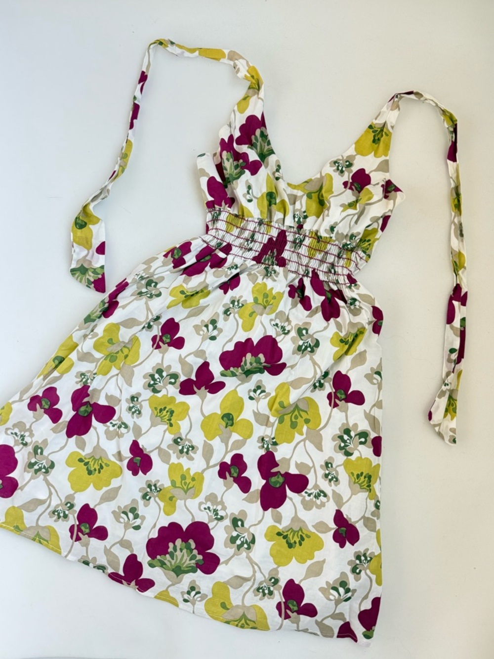 Lush White Floral Halter Mini Dress Lined Elastic Waistband Size Small